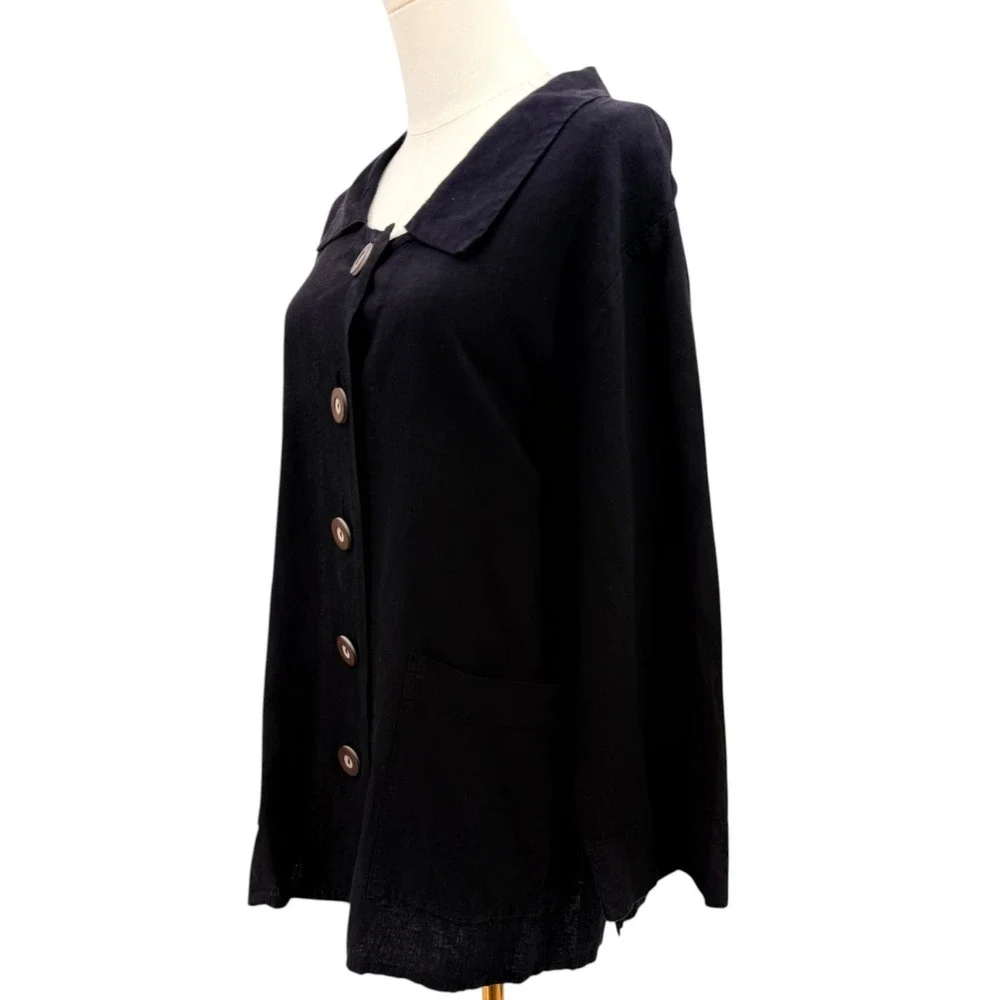 Habitat Womens Jacket Black Hemp Organic Cotton Button‎ Down  Lagenlook  XL